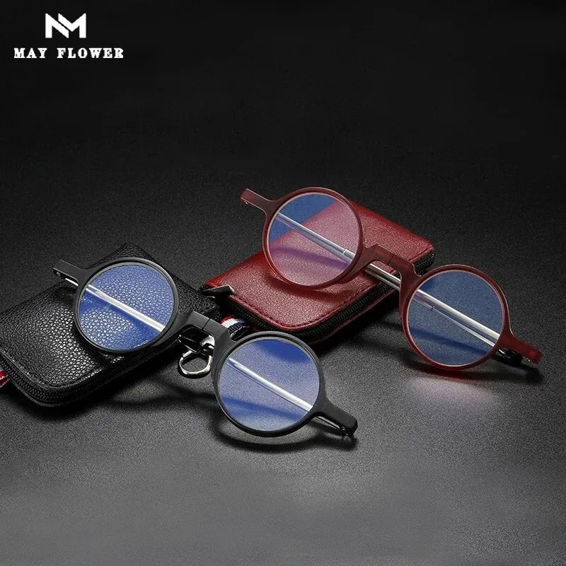 

May Flower Flodable Reading Glasses HD Lenses Round Frame Glasses Male Anti Blue Light Glasses Round Glasses Female Readers +3.5