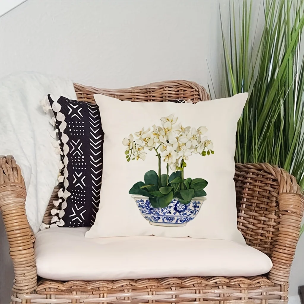 Double Sided White Orchid Blue White Porcelain Throw Pillow Cover Botanical Print Decorative Cushion Case for Couch Home Decor