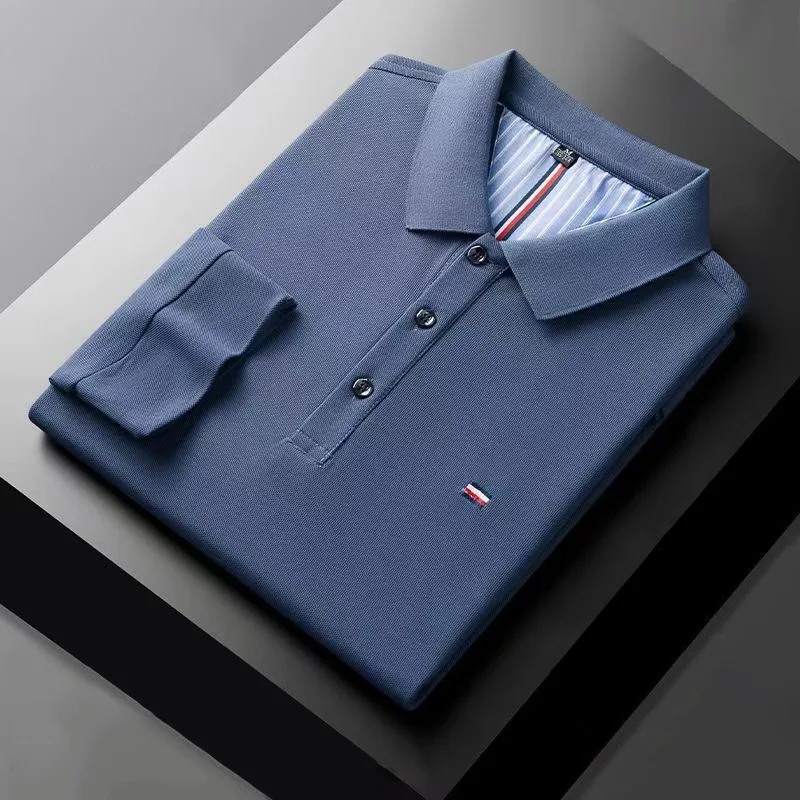 

Korean Business Fashion Embroidered Collar with Velvet Polo Shirt Long Sleeve Winter Casual Solid Color Thick Warm T-shirt