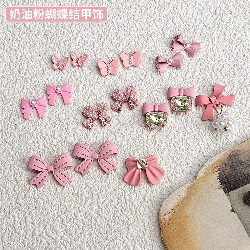 10Pcs Pink Bowtie/Butterfly Nail Alloy Charms Jewelry Cute Nail Art Multi-Shapes Designs Charms Pearl Rhinestones For Decor