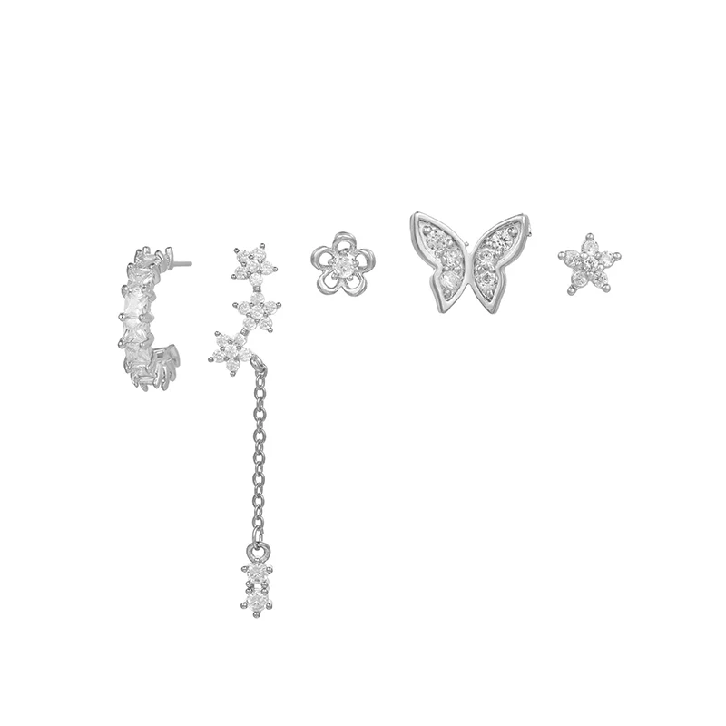 

5pcs CZ Zirconia Butterfly Stud Earrings for Women Silver Color Star Chain Flower Earrings Set Woman Piercing Jewelry Accessory