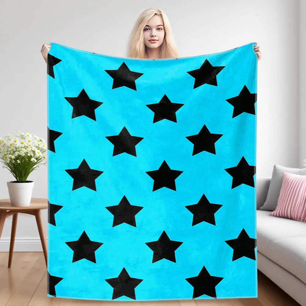 Cyan Black Star Grid Printed Blanket Suitable For Sofa Beds, Offices, Travel Camping Chairs, Warm Woolen Blankets