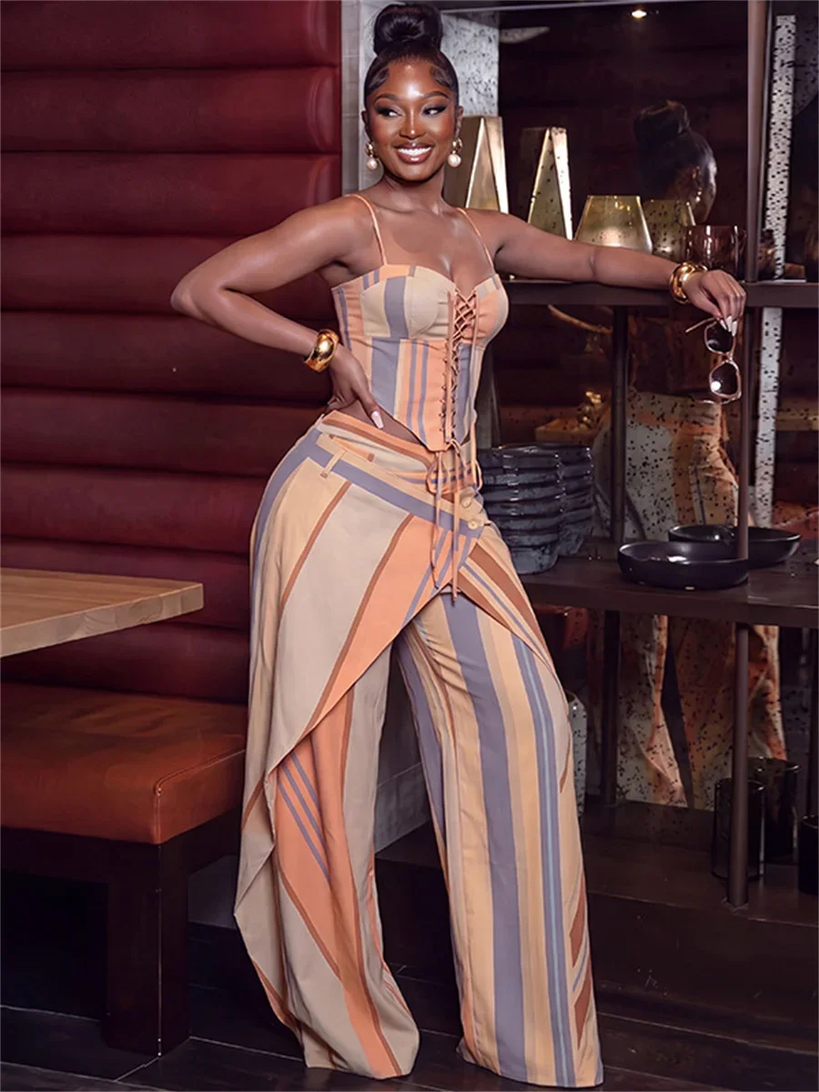 Weird Puss Colorful Stripes 2 Piece Set Women Shirring Square Collar Vest+Irregular Patchwork Button Wide-Leg Pants Street Suits