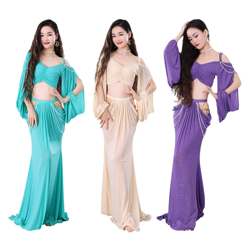 2023ใหม่ Belly Dance เต้นรำอย่างเป็นทางการชุดเครื่องแต่งกายชุดสตรี Wear Bellydance Top ยาวชุดกระโปรงเสื้อผ้า