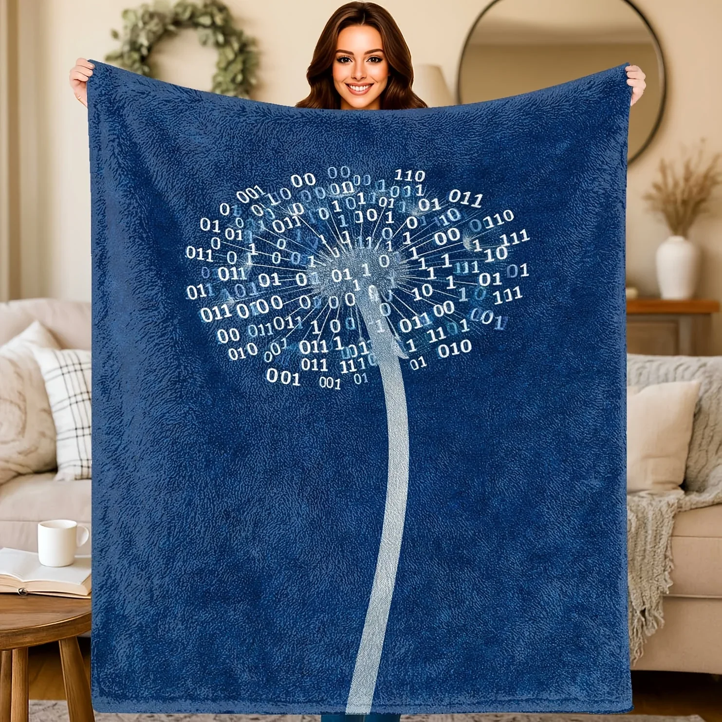Cozy Blue Binary Code Dreamcatcher Throw Blanket for Sofa Bedding Digital Tech Lover Gift
