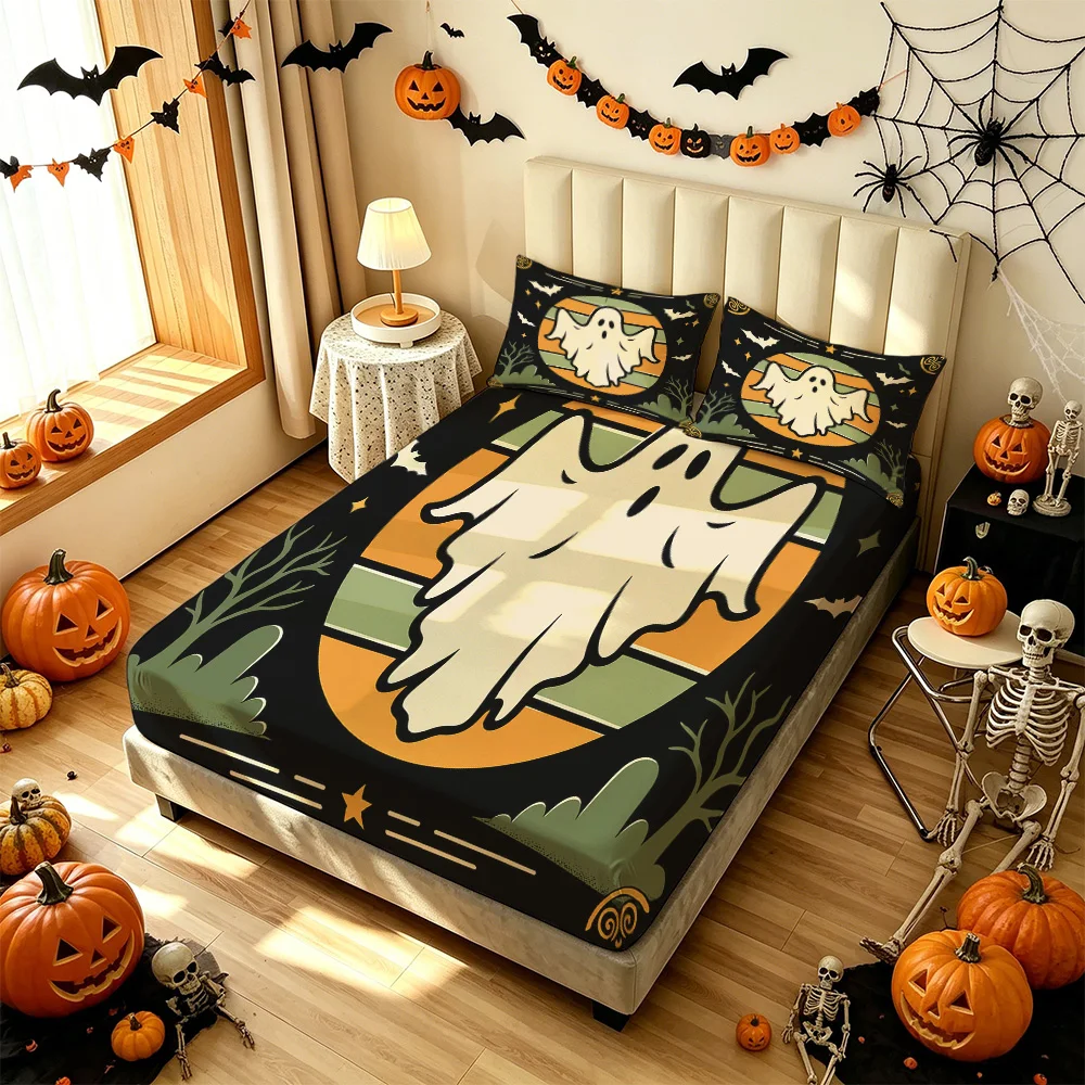 3PCS Retro Halloween Ghost Bat Bedding Set with Pillowcase and Duvet Cover, Soft Bedding Decoration for Bedrooms