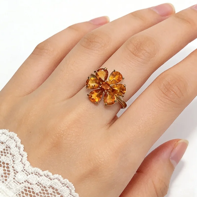 

S925 Gold Plated Natural Citrine Flower Ring 4*5mm Pear &3mm Round Gemstone Women Fine Jewelry Gift