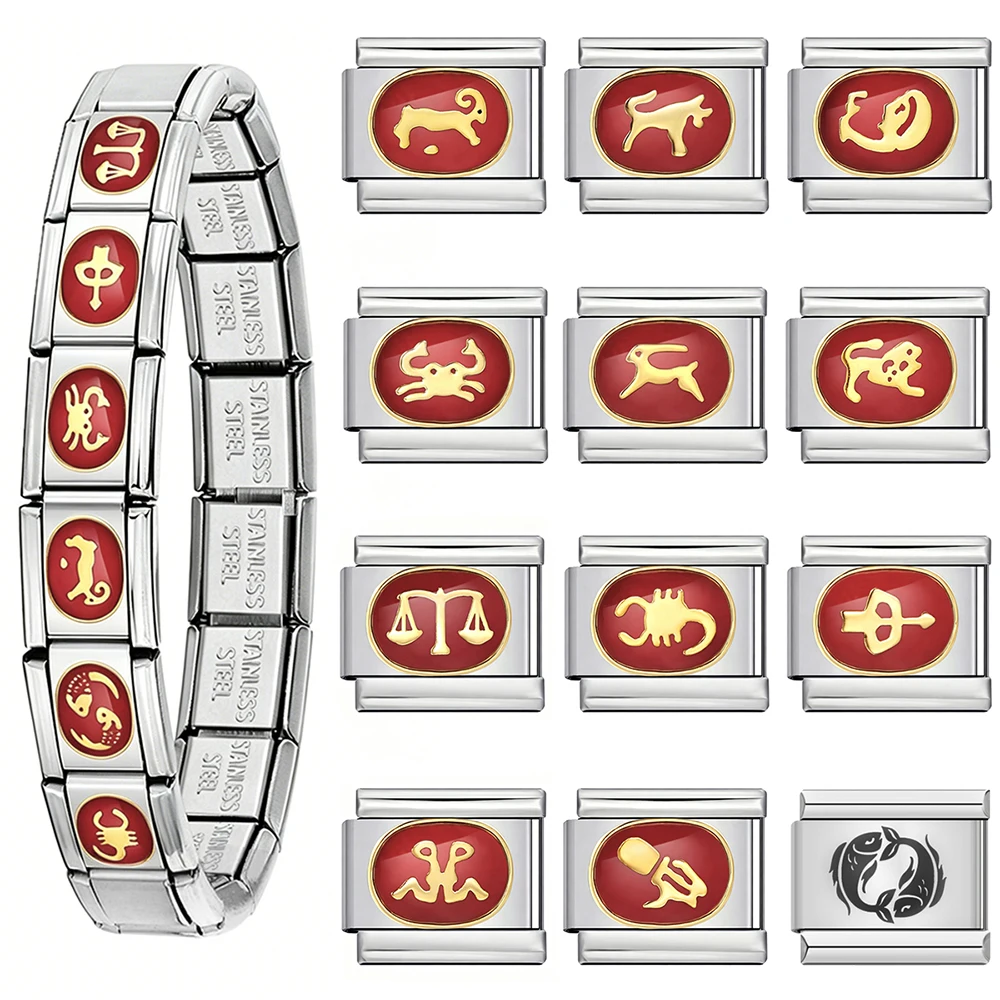 Neue Mode Rote Emaille Horoskop-Glieder Geburtstags-Edelstahl-Charm Perle für italienische 9mm Armbänder Damen Herren Schmuck – Detail 1