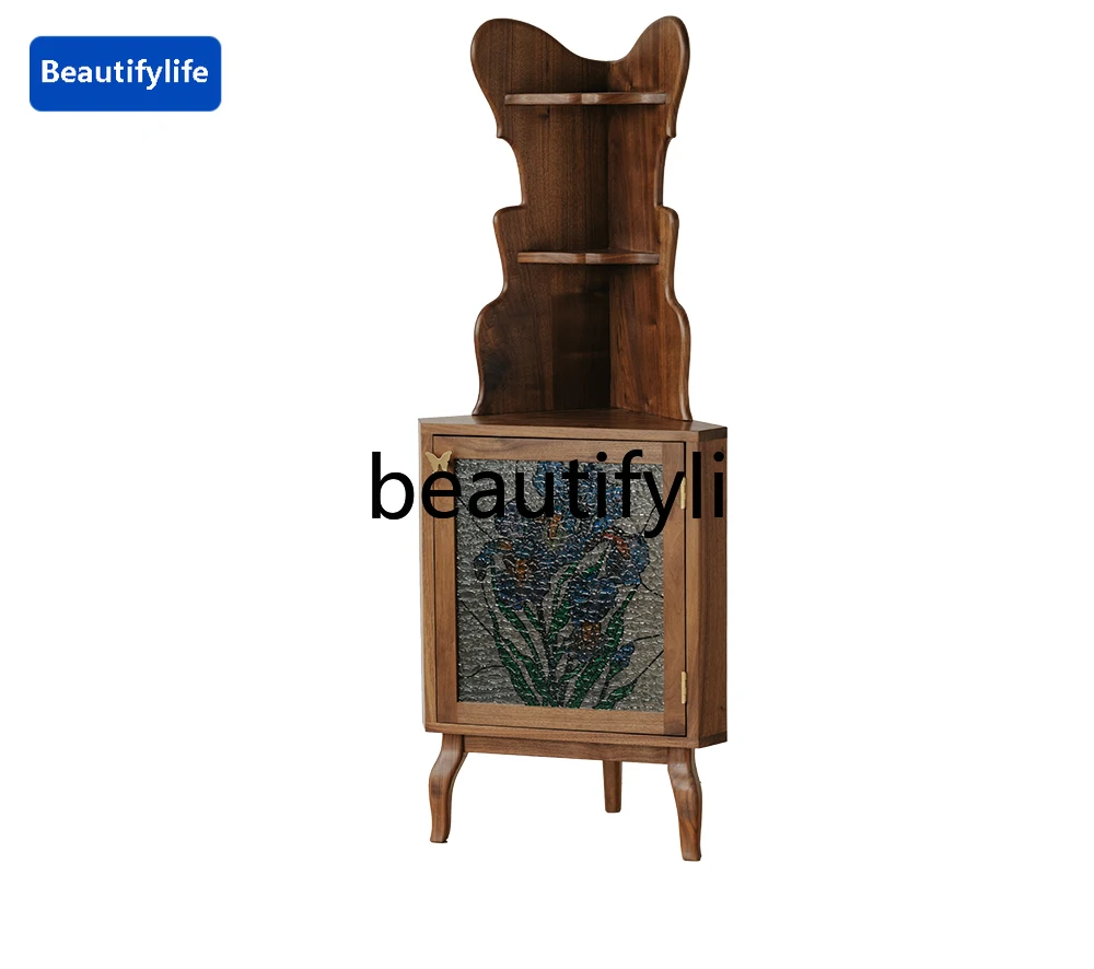 

Black Walnut Solid Wood Vintage Storage Organizer Living Room Corner Triangle Cabinet