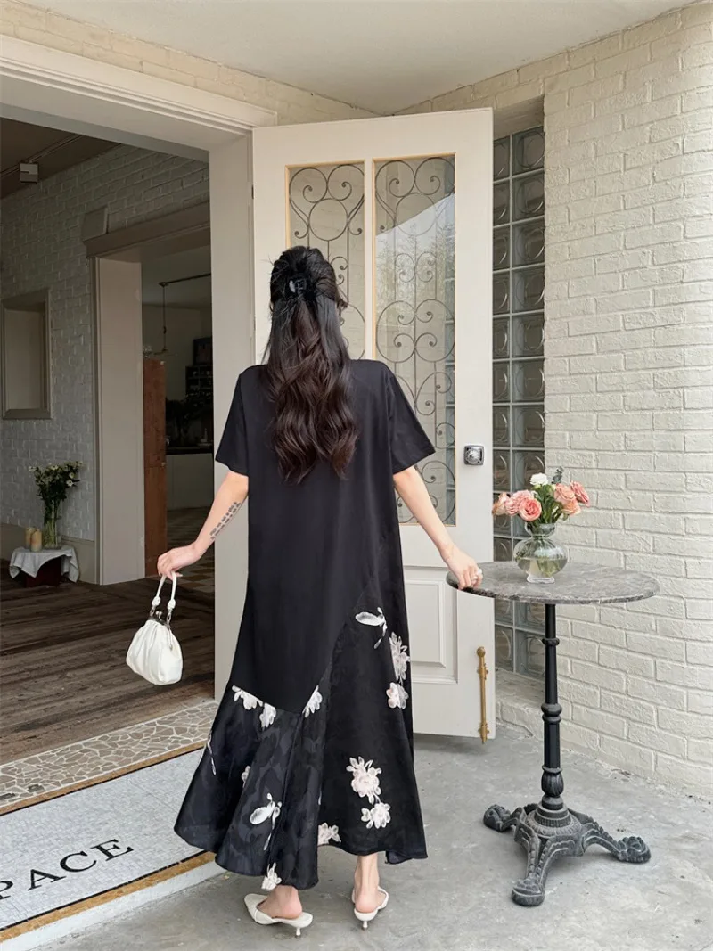 Abiti estivi da donna Edizione coreana Nuovo casual sciolto jacquard in raso stile cinese falso abito in due pezzi a maniche corte donna