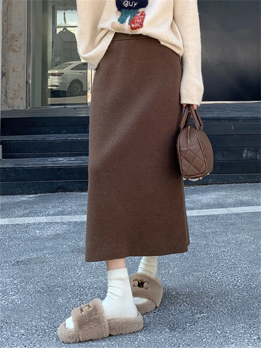 

Alien Kitty M-L Women Knitted Straight Skirts Chic Split 2024 New Loose Daily Minimalist Gentle Office Lady Gentle Work Wear