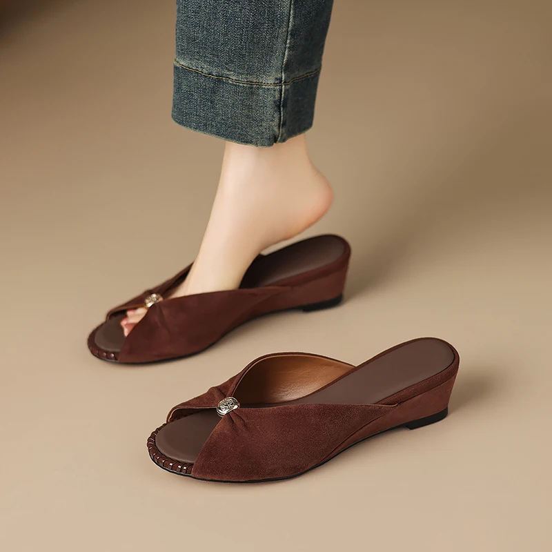 2026new summer women sandals natural leather 22-25cm kid suede/weave+sheepskin+microfiber mules high heel women slippers fashion