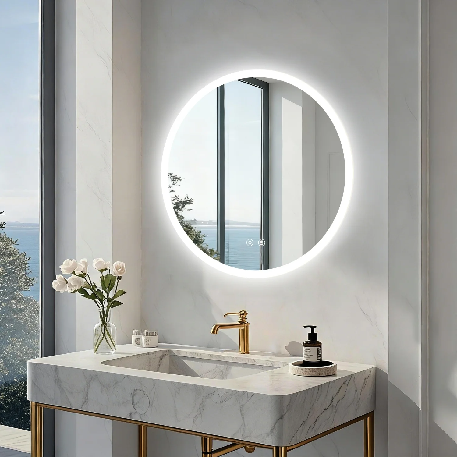 

50/60/80CM LED Bathroom Mirror 3 Colors Brightness Anti-Fog Dimmable Shatter-Proof Backlit Vanity Mirror Aluminum Frame