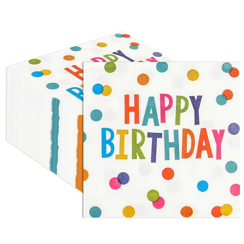 20Pcs Happy Birthday Paper Napkins, Disposable Cocktail Napkins with Colourful Dots for Kids Birthday, Baby Shower Party