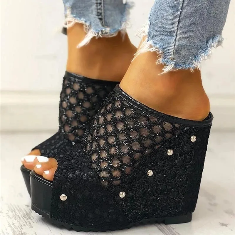 Fashion Summer Women Mesh Sandals Platform Wedge Heel Studed Slip On Peep Toe Rubber Sole Elegant Mature Ladies Shoes Female