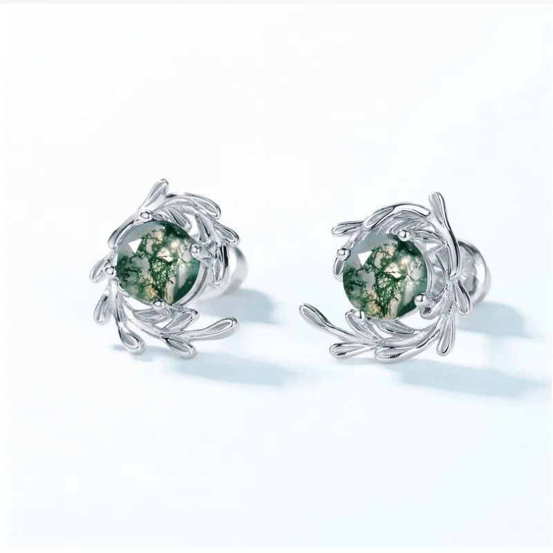 

Moss Agate Earrings 925 Silver Unique Round Stud Earrings for Women