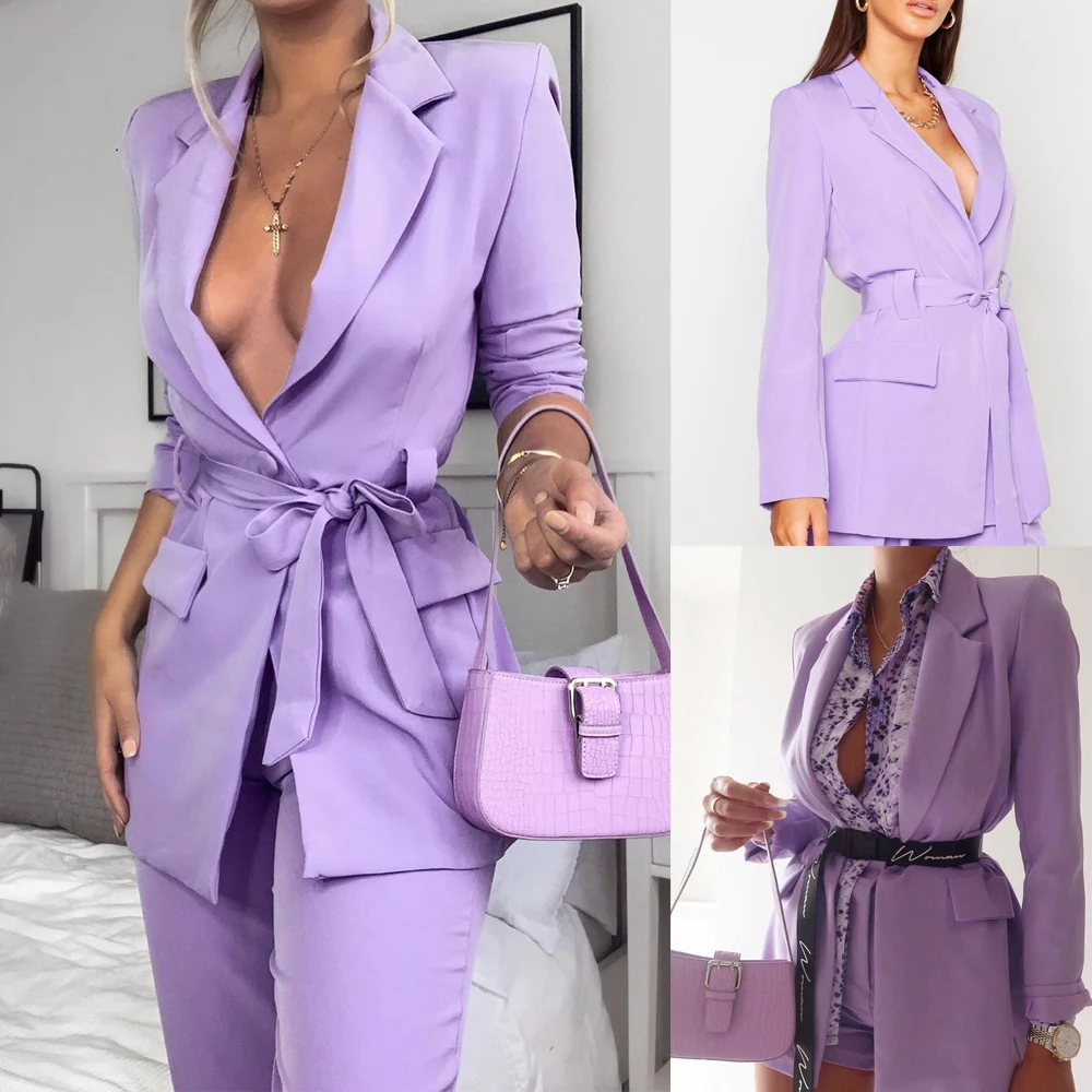 

Sexy Deep V Neck Elegant Women Suits Set Blazer With Belt+ Pants One Button Causal Daily Formal Prom Evening Dress Custom
