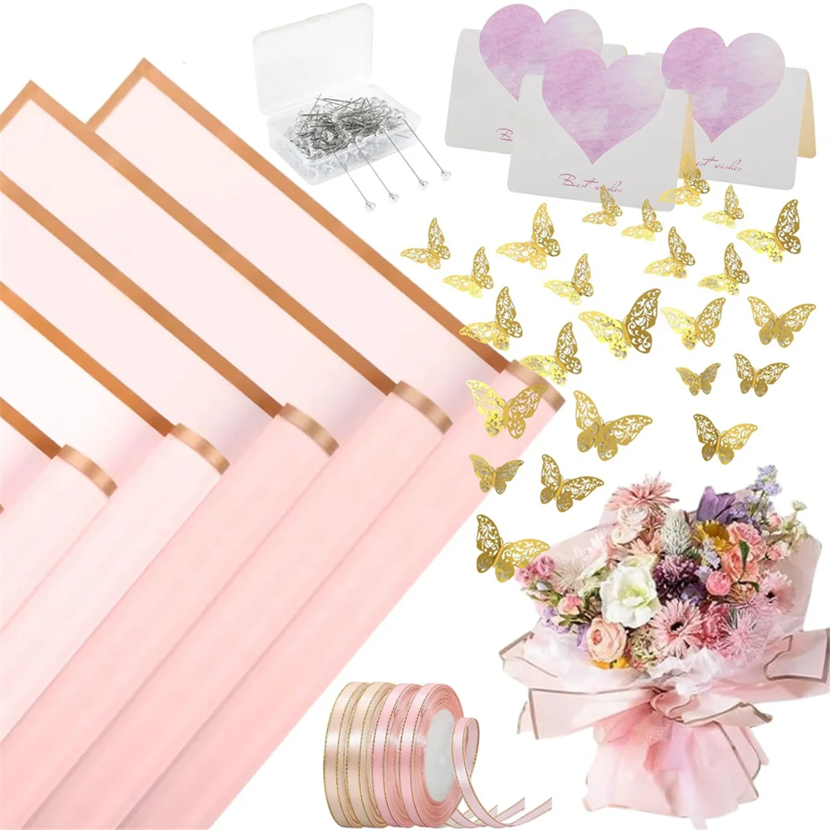 40 Sheets Flower Wrapping Paper with 4 Rolls Flower Ribbons, 20 Cards, 36 Pcs 3D Gold Butterflies ,Pink