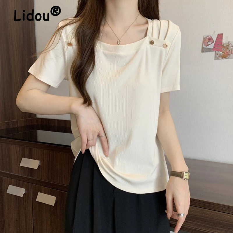 Women's Clothing Korean Style Ruffle Button Chic Sweet Rib Kint T Shirts Summer Trendy Square Collar Short Sleeve Solid Y2K Tops