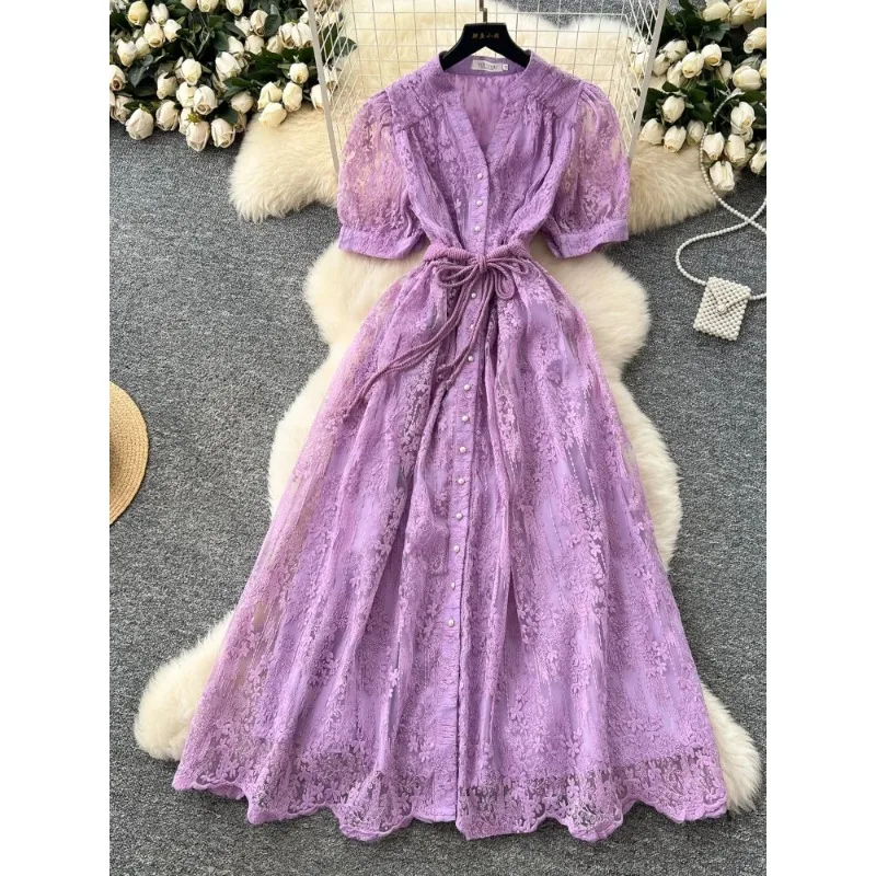 Vestido de mujer con estampado, cuello en V, bordado de encaje, manga corta, con cordones, estilo casual, para fiesta de verano