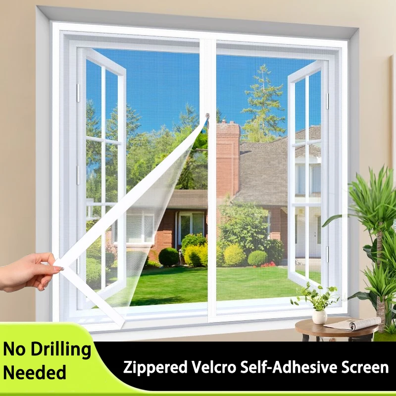 No Drilling Self-Adhesive Window Screen with Zipper Upgraded Mosquito and Insect Protection for Home Living Room, Bedroom