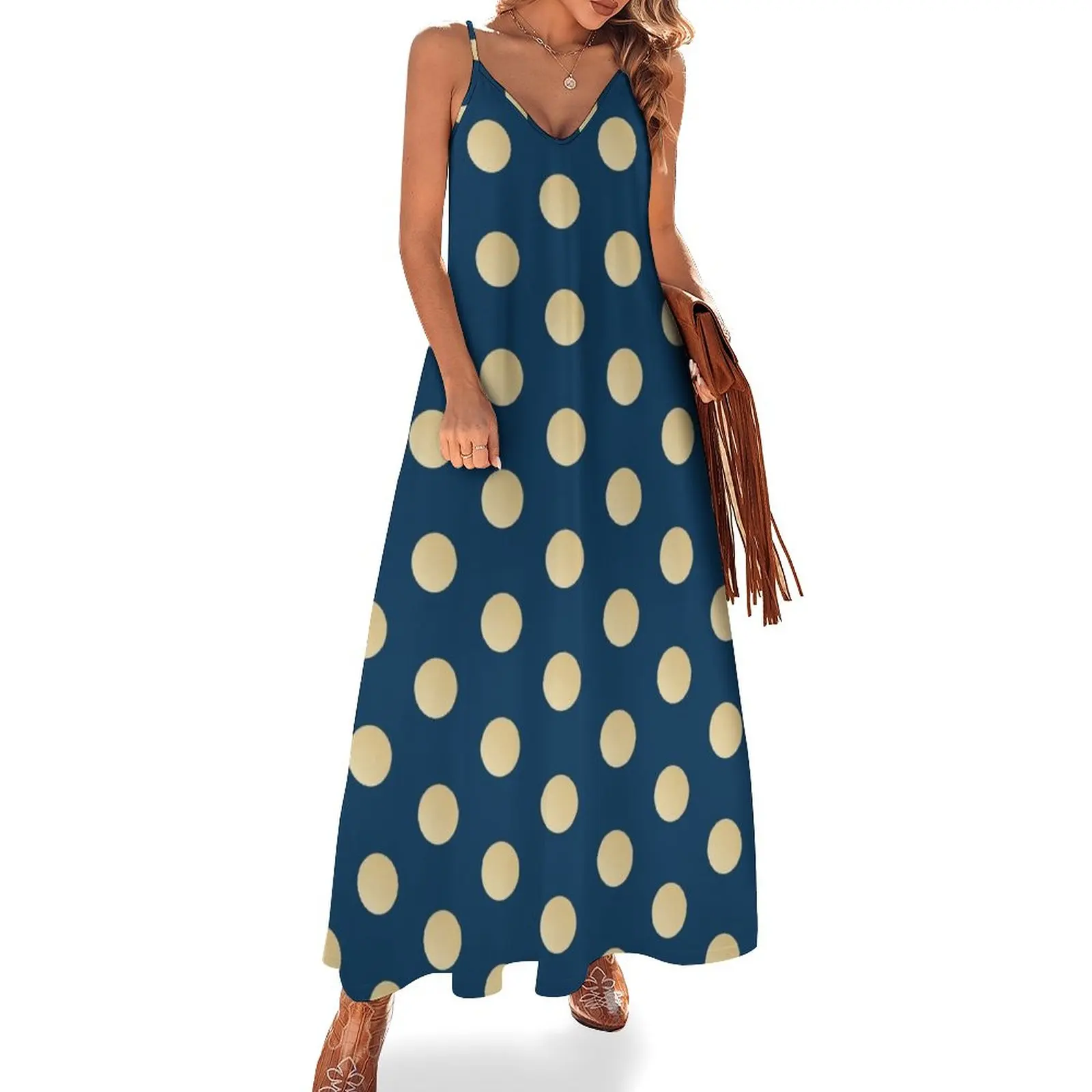 

Blue on gold polka dots Sleeveless Dress luxury evening dresses 2024 dress party night