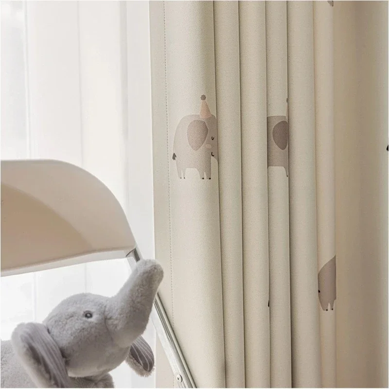 Customized Blackout Curtains for Bedroom Decor Curtain Cartoon Light-Blocking Elephant Print Cotton-Linen Luxury Window Door
