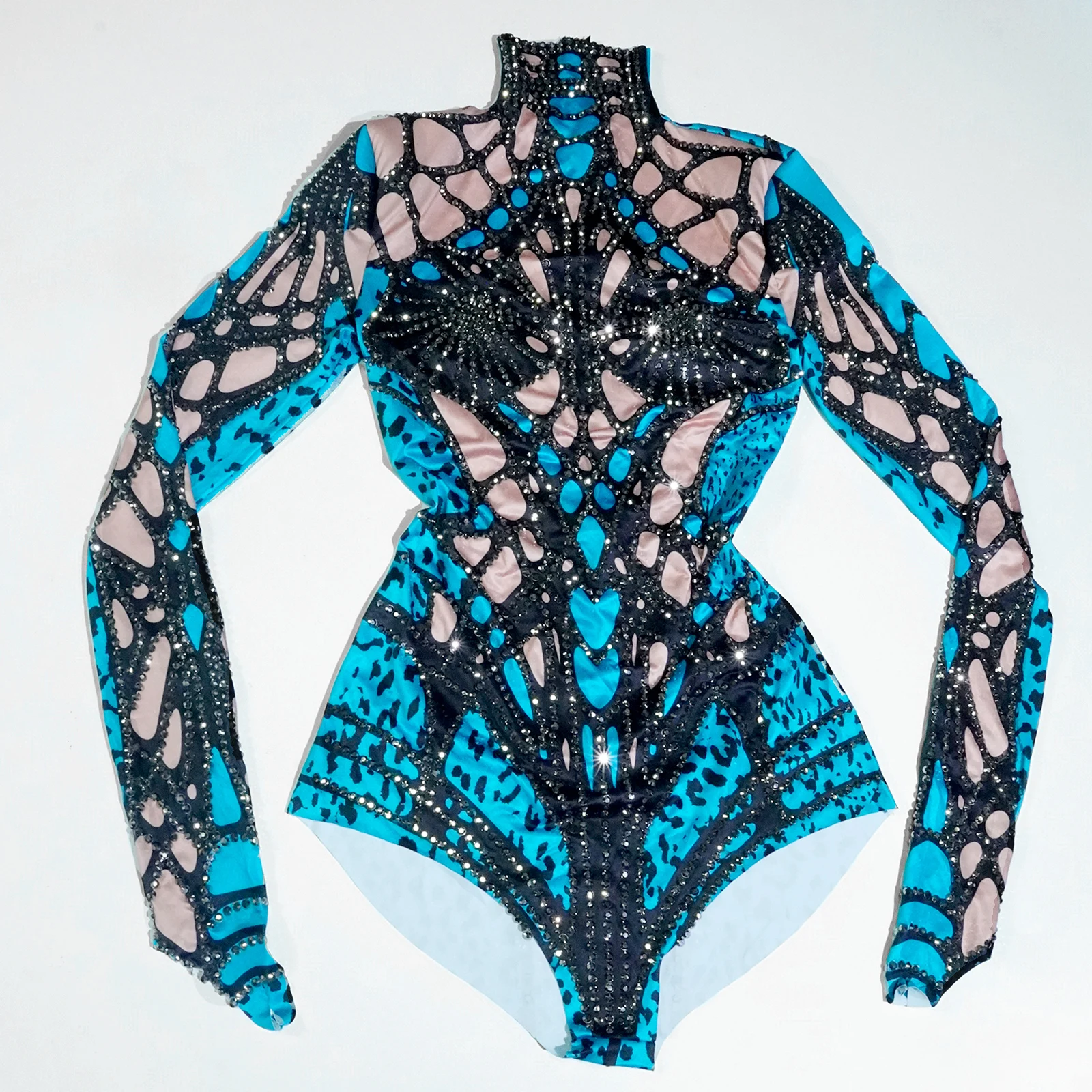 

Glitter Printed Long Sleeve Bodysuit with Rhinestones Pole Dance Leotard Drag Queen Outfits Birthday Party Club Celebration Blue