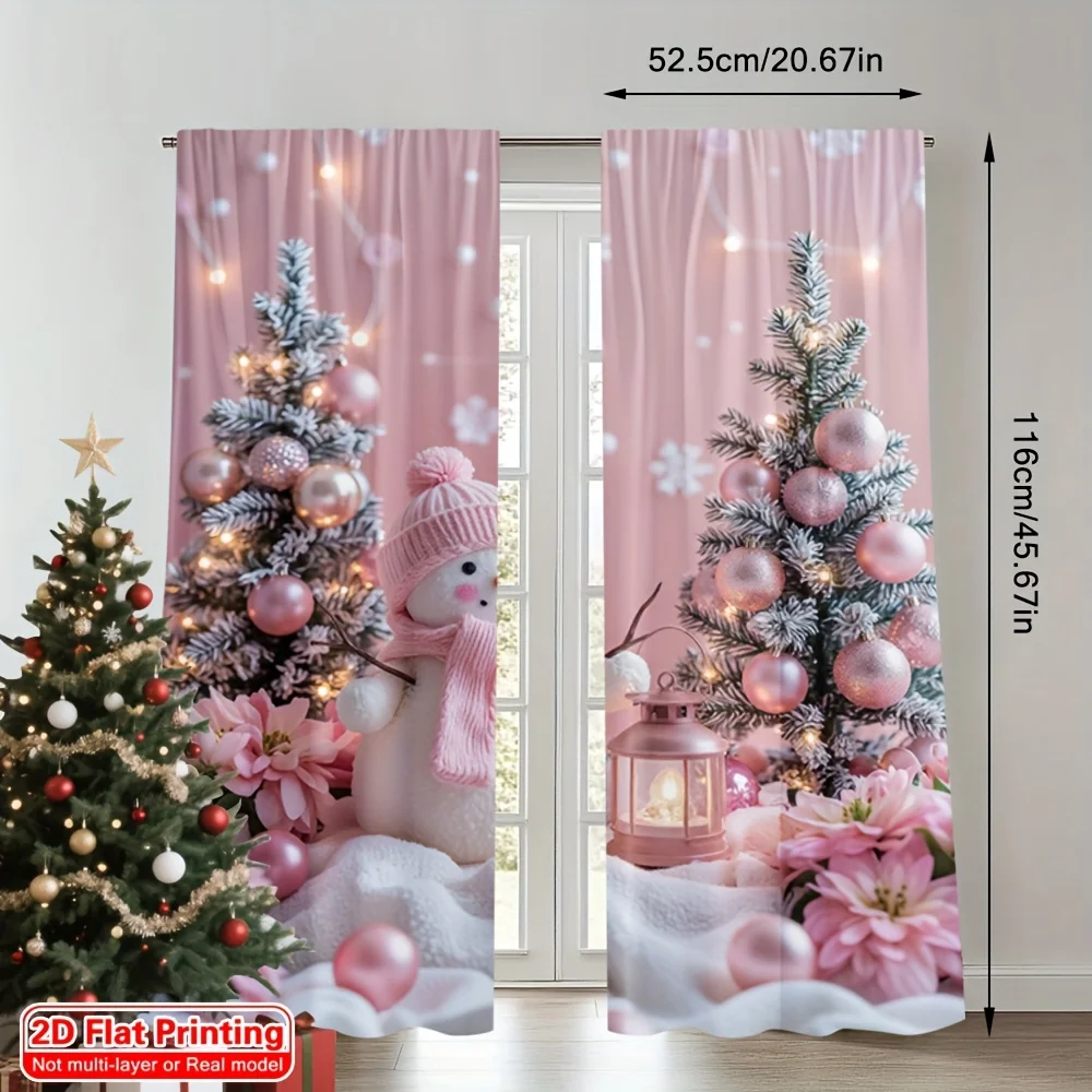 Winter Wonderland Snowman Curtains 2pcs, Pink White Christmas Tree Snowflake 2D Print Rod Pocket for Bedroom Living Room Decor