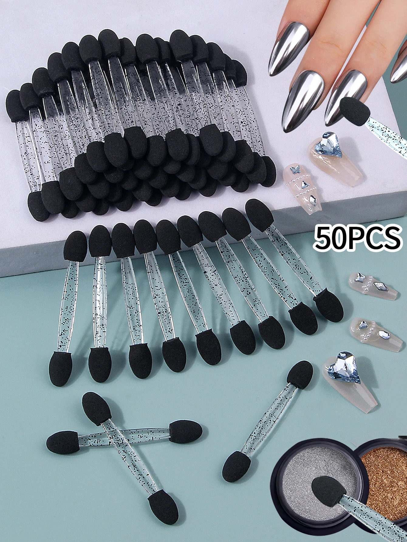 50-delige spons oogschaduwborstelset - Aurora Mirror Nail Art Sticks + ogencontour mengborstelset voor make-up/nagelkunstenaars