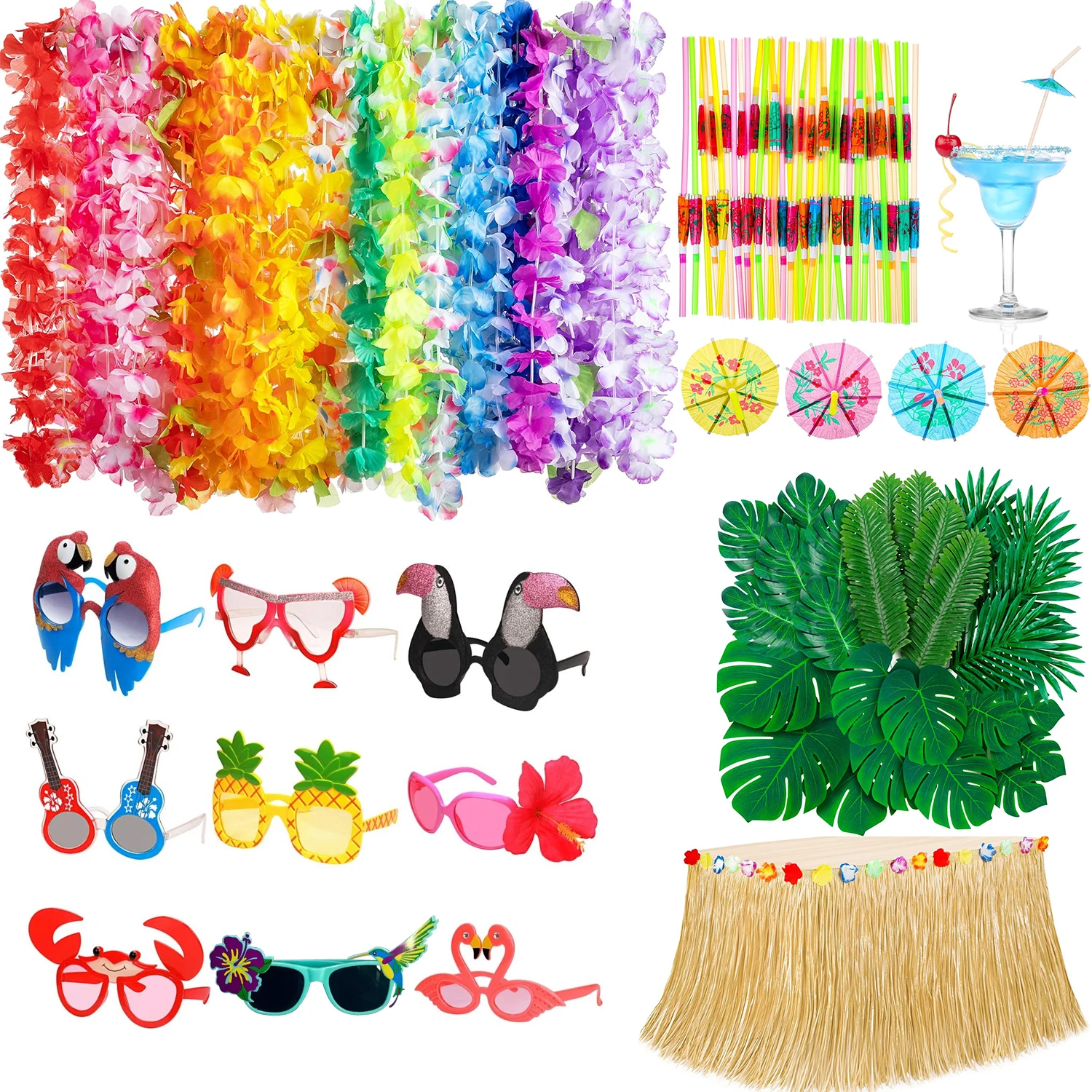 Kit de Décorations pour Fête Luau Thème Plage Hawaïenne, Fournitures de Fête Luau avec Jupe de Table en Herbe Luau et Fleurs d'Hibiscus