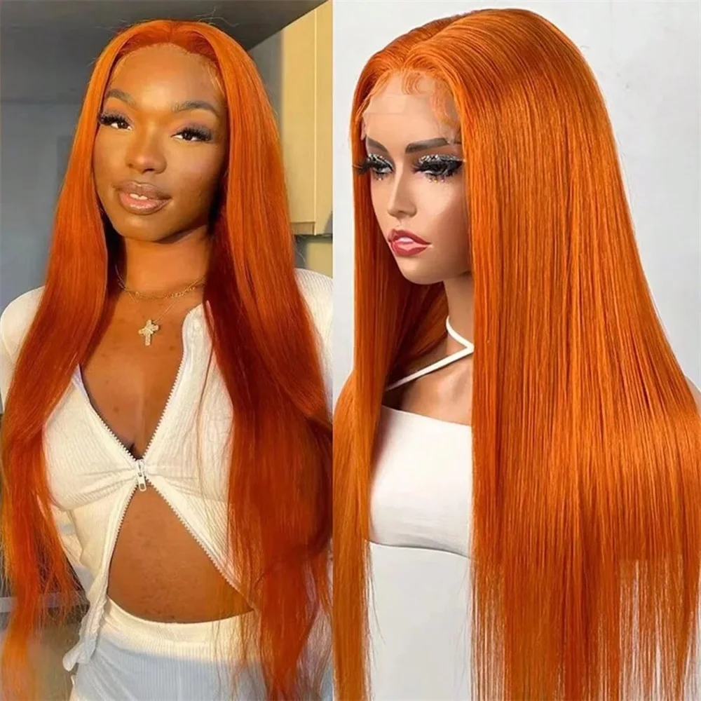 

34 Inch Straight Orange Ginger Lace Front Wigs Human Hair 350 Colored Brazilian 13X4 HD Transparent Lace Frontal Wigs