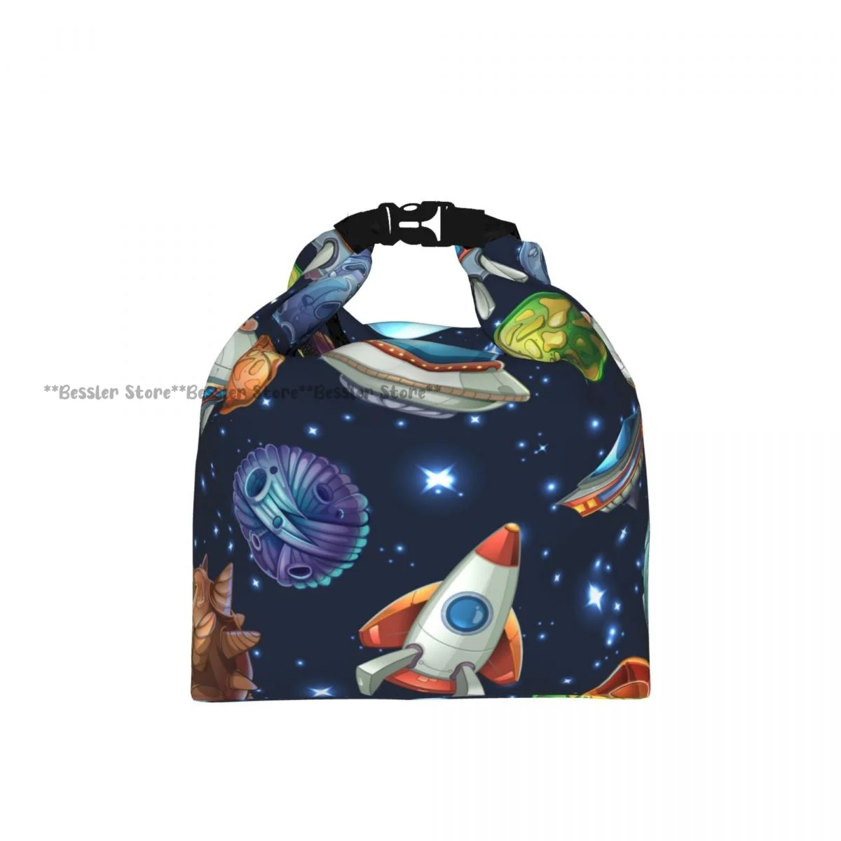 Foldable Roll-Top Thermal Lunch Bag Comic Space With Planets Spaceships Insulation Lunch Box Carrier for Picnic Hiking