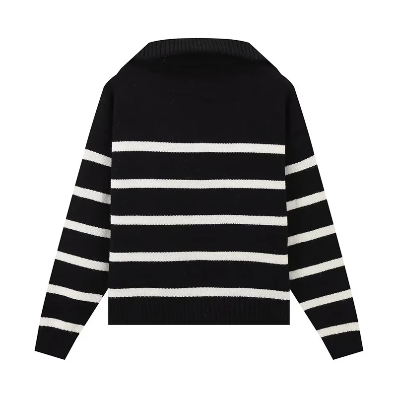 YENKYE Maglione da donna a righe con cerniera Manica lunga Colletto con risvolto Pullover lavorato a maglia Maglioni corti casual autunno inverno femminile