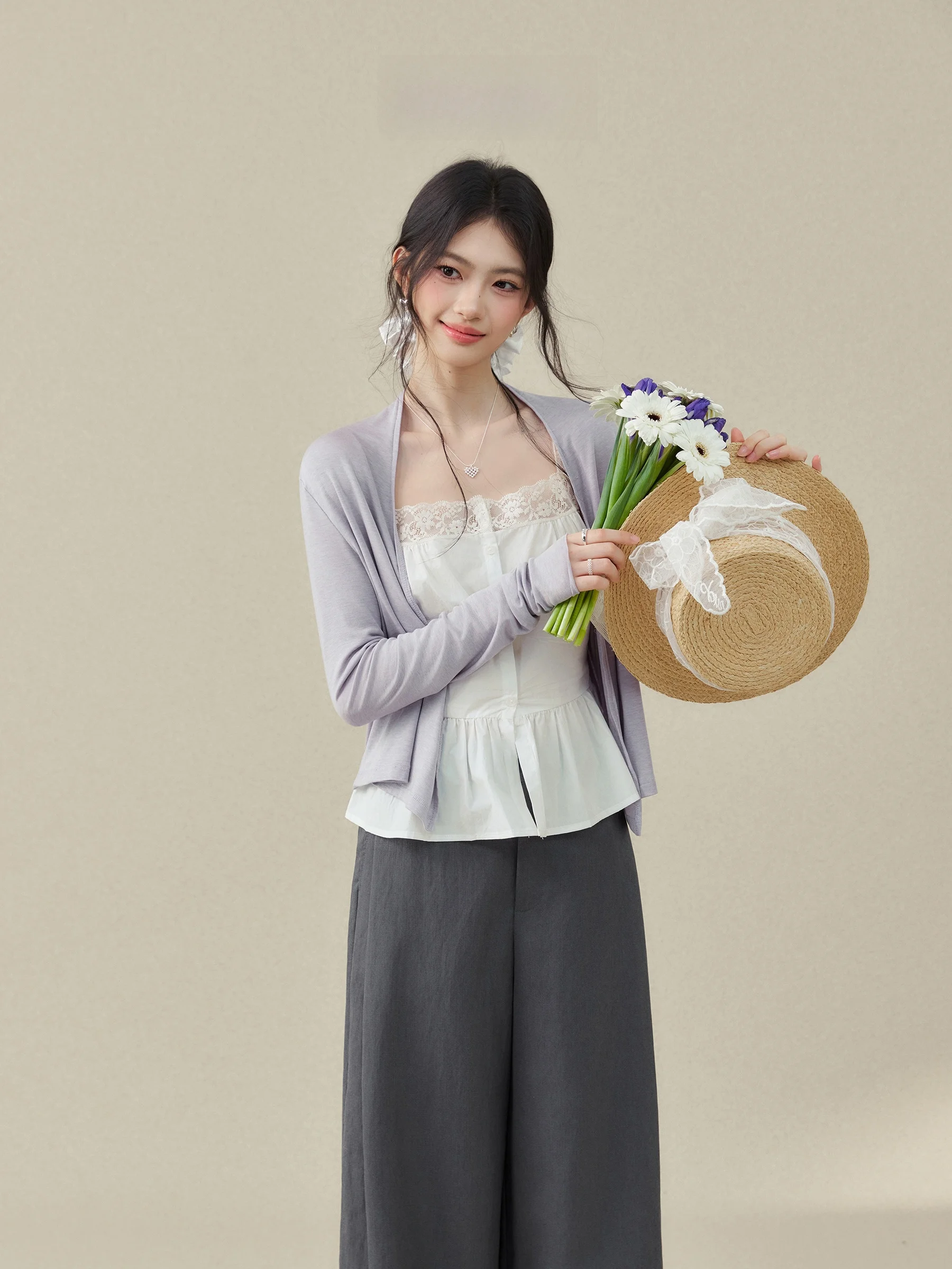 Ouyang Xi Purple Lace Trim Sun Protection Shirt Women's Summer Tank Top Outerwear Two-Piece Set Short Length Spring 2026