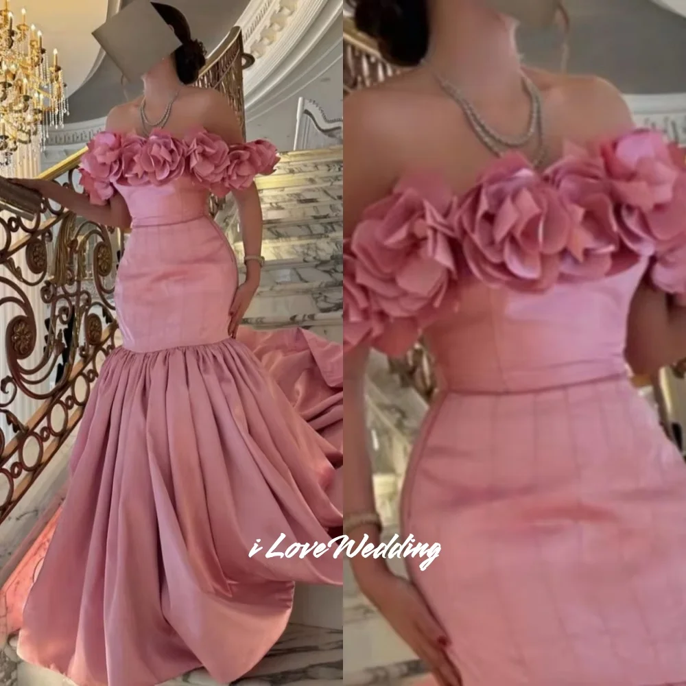 

Pink 3D Flower Strapless Prom Dress Satin Off Shoulder Mermaid Sweep Train Bespoke Occasion Dresses Floor-Length Pleated Customi