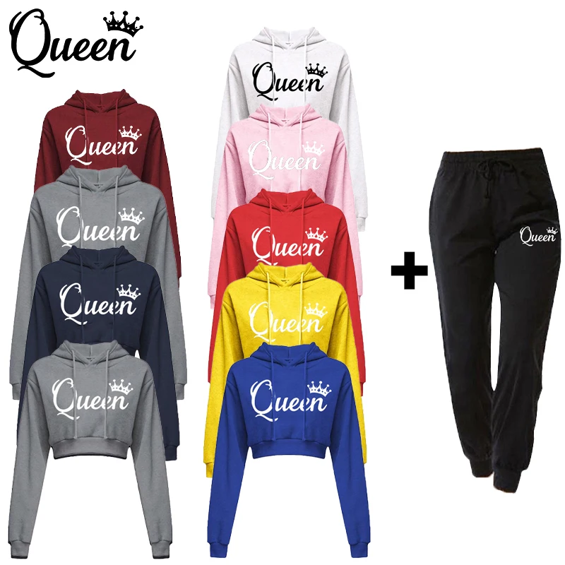 Women Casual Sets Hoodie Sweatshirts Long Pant Sweat Crop Top Sweatpants Loose Elegent Office Ladies Tracksuit Jogger Sport Suit