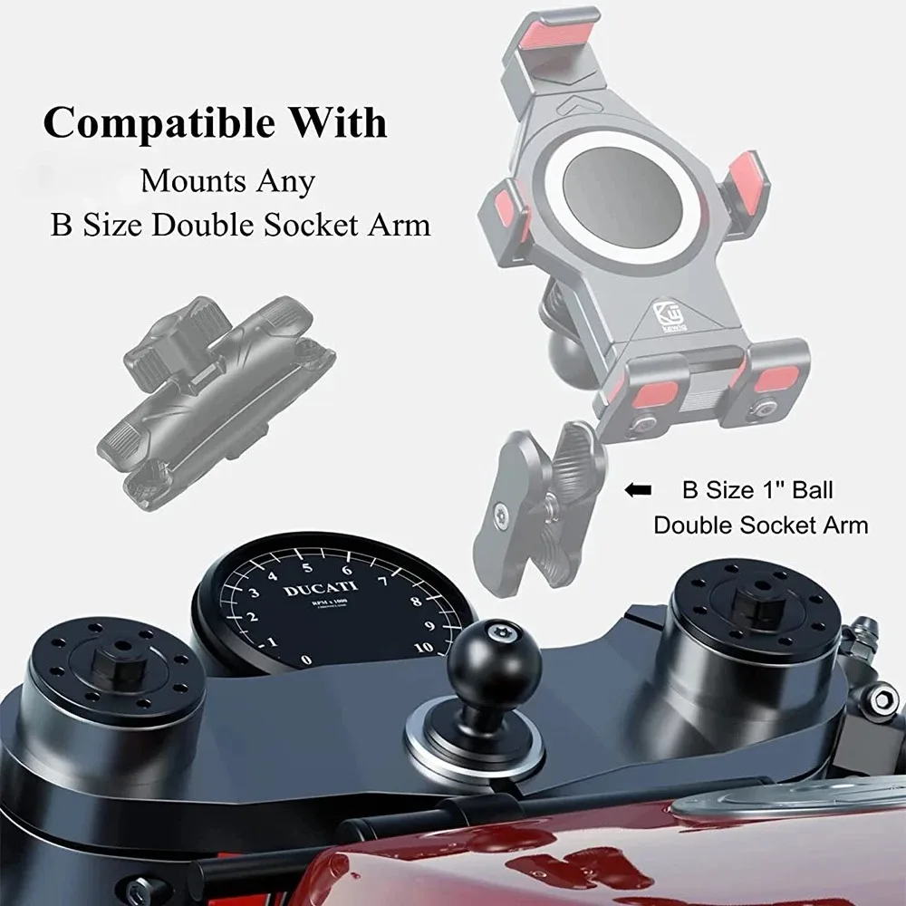 Metal Motorcycle Fork Stem Mount Base with 1'' 25mm 17mm TPU Ball for Stem Holes 12mm to 25.4mm in Diameter for Phone Holder