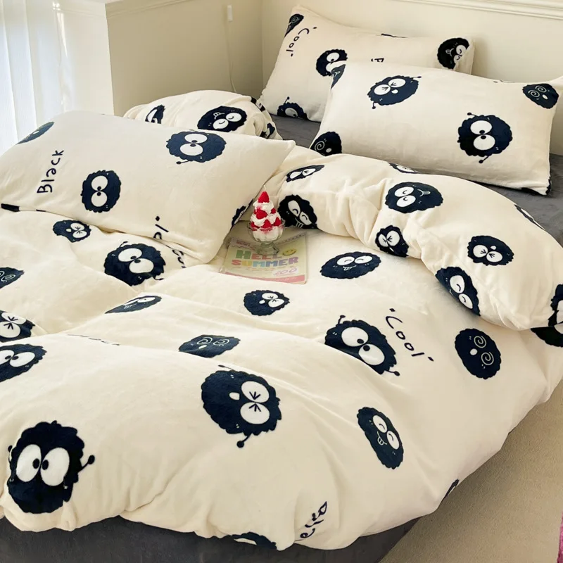 Cartoon Winter Milk Fleece Bed Set of Four Pieces with Double Sided Thickened Coral Falaish Duvet Cover and Bed Sheet