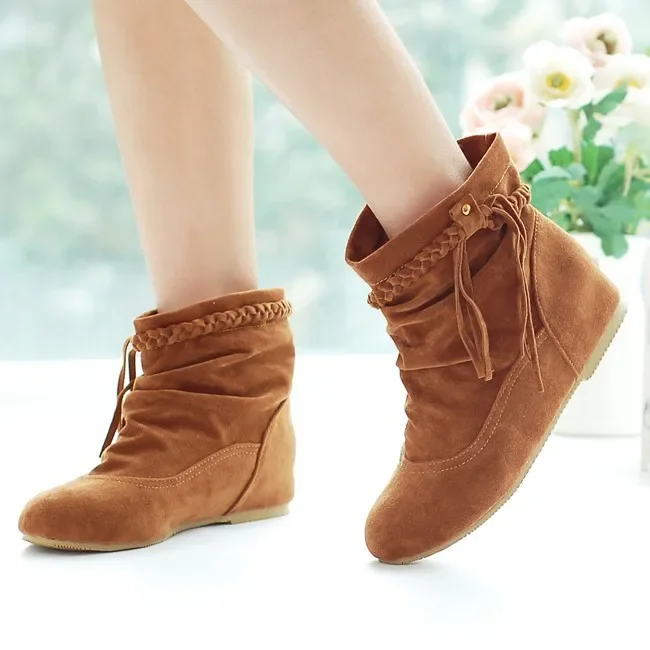 

Women Boots Faux Suede-Leather Inner Heels Ankle Boots mujer Tassel Slip On Woman Shoes