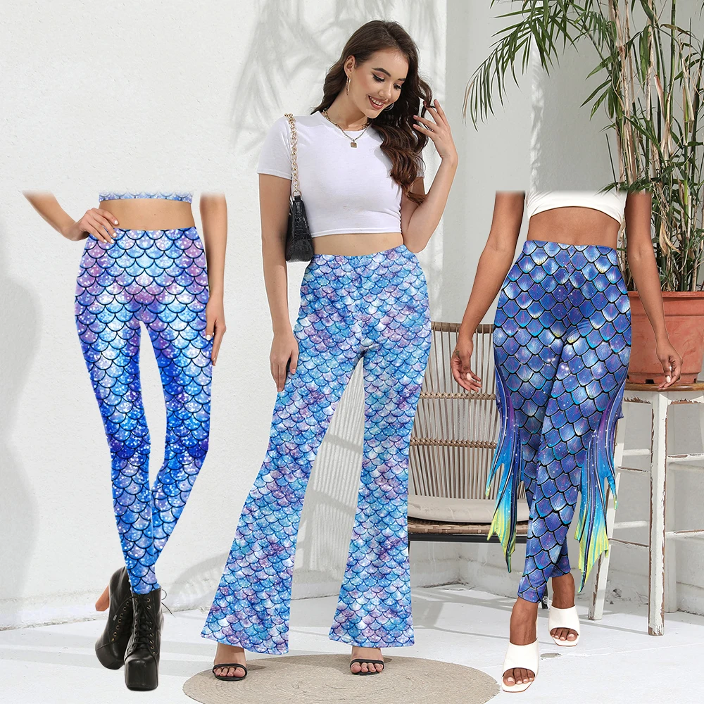 Zawaland Leggings for Women\'s Mermaid Pants Fashion Blue Fish Scale Print Flared Trousers High Waist Bell Bottoms Yoga Pants