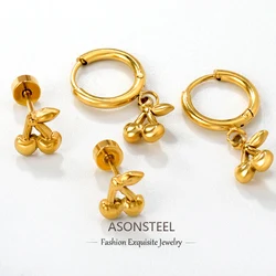 ASONSTEEL Stainless Steel Metal Chic Cherry Drop Earrings Gold Plated Delicate Charms Minimalist Stud Earrings Jewelry Wholesale