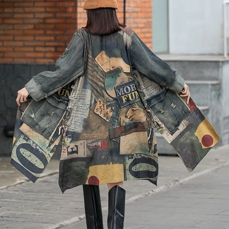 

Fashionable Versatile Colorful Printed Patchwork Distressed Denim Jacket Women Lapels Cardigan Side Straps Medium Length LX1711
