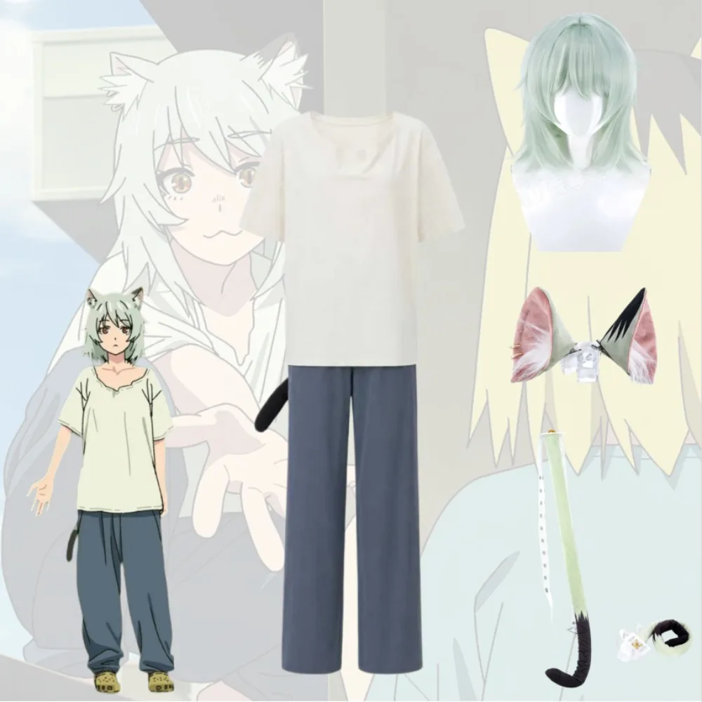 Disfraz de Cosplay de Yani Neko Chainsmoker Cat Nikuko, Camiseta Blanca, Pantalones con Cola, Conjunto Completo, Atuendo de Gata para Comic Con