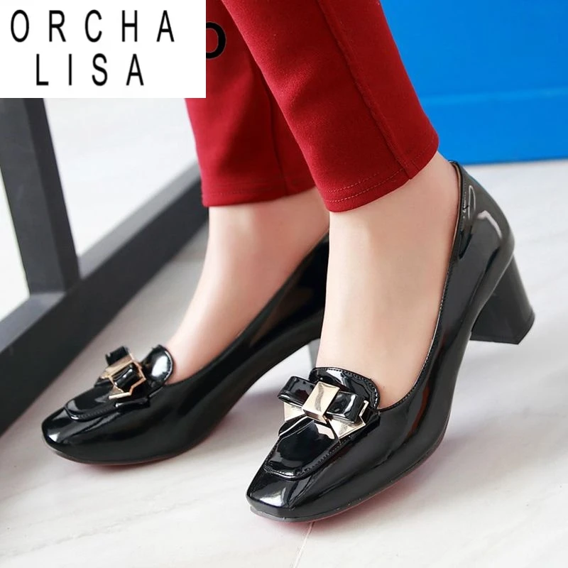 ORCHA LISA Luxus Büro Dame Pumpen 31 32 Karree Block Heels 5 cm Slip Auf Bowknot Glänzende Dating Frauen Schuhe plus Größe 41 42 43