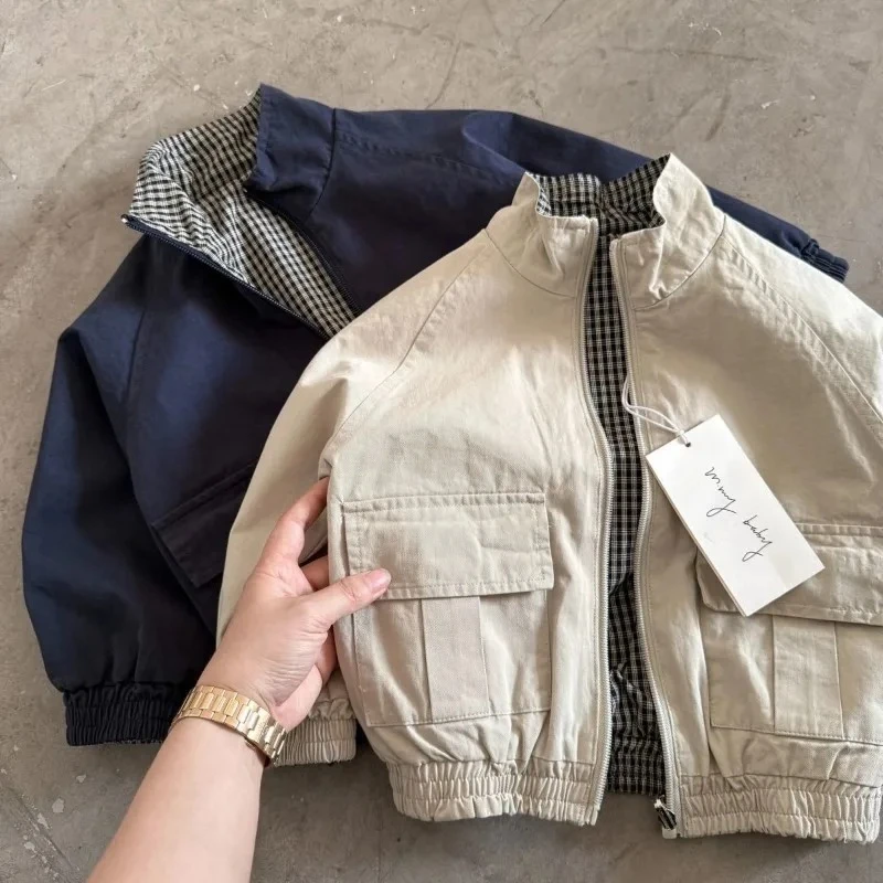 Children's Windproof Zipper Double-sided Jacket for Spring fall 2026 New Boys Girl Jacket kid Wearing Grid Jackets on Both Sides
