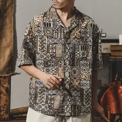 Korean Minimalist 2024 Summer New Men's Vacation Shirt Half Sleeveturn-down Collar Button Printed Loose Trendy All-match Tops