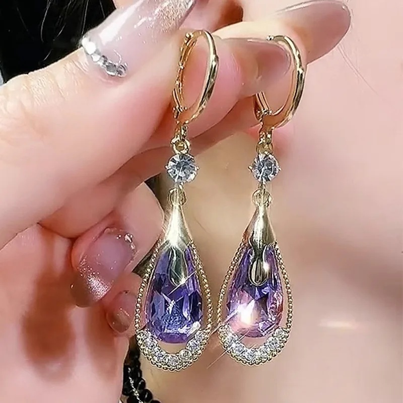 Fashion Trend Unique Design Elegant Exquisite Light Luxury Purple Crystal Drop Shape Earrings Women Jewelry Party Premium Gift