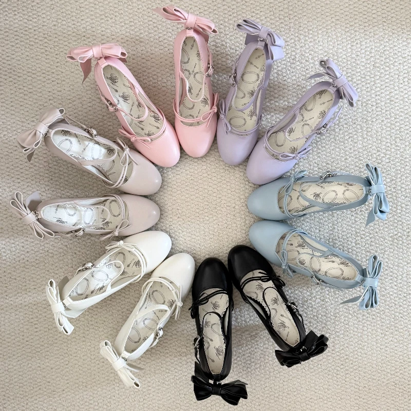 Japanese Original Lolita Bow Pointed Toe Flats Female Elegant Coming-of-age Bridal High Heels Vintage Style Lo Shoes for Women