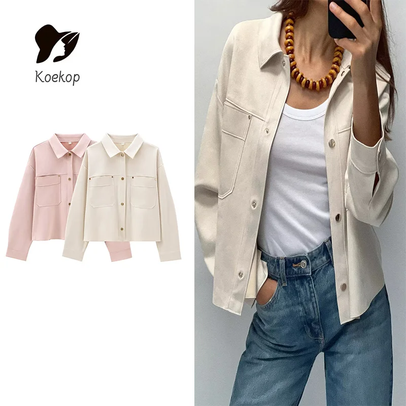 Koekop Women's Fashion Solid Color Single Breasted Lapel Jacket Coat Vintage Casual Temperament Chic Lady Short Jacket